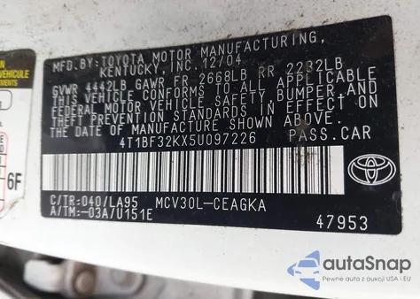 2005 Toyota Camry Xle V6 from USA, damaged, VIN 4T1BF32KX5U097226